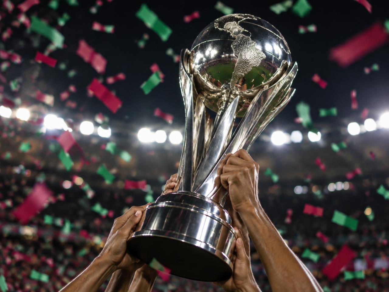 Taça continental sendo erguida sob chuva de papel picado